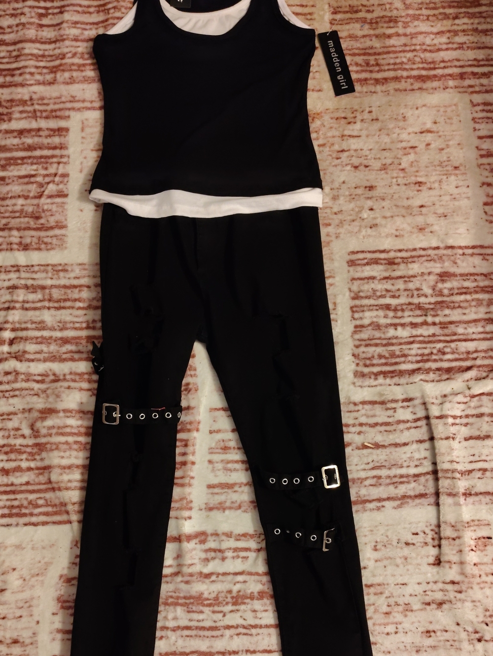 #3002 Madden Girl Black Destructed Jeans with Buckle & Grommet Details